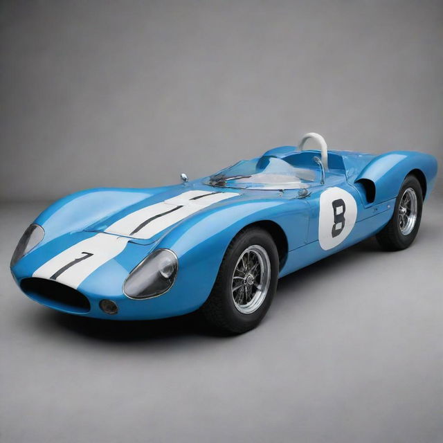 A Le Mans racing car from the 1960s, characterized by vintage elegance. The car demonstrates a cylindrical and sleek design, thin tires, distinct racing stripes over a classic shiny paint job, and the rumble of a vintage gasoline engine