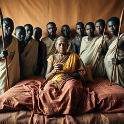 Ten young African males dressed in traditional attire surround a scared and worried older Indian female seated on a large bed