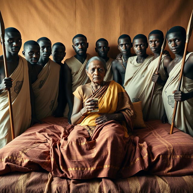 Ten young African males dressed in traditional attire surround a scared and worried older Indian female seated on a large bed