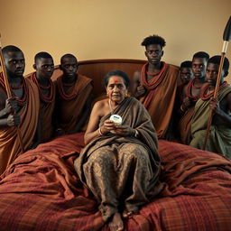 Ten young African males dressed in traditional attire surround a scared and worried older Indian female seated on a large bed