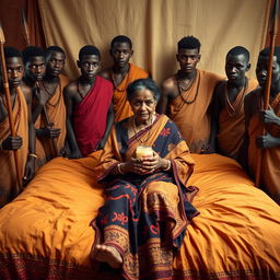 Ten young African males dressed in traditional attire surround a scared and worried older Indian female seated on a large bed