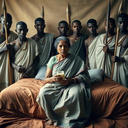 Ten young African males dressed in traditional attire surround a scared and worried older Indian female seated on a large bed