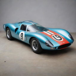 A Le Mans racing car from the 1960s, characterized by vintage elegance. The car demonstrates a cylindrical and sleek design, thin tires, distinct racing stripes over a classic shiny paint job, and the rumble of a vintage gasoline engine