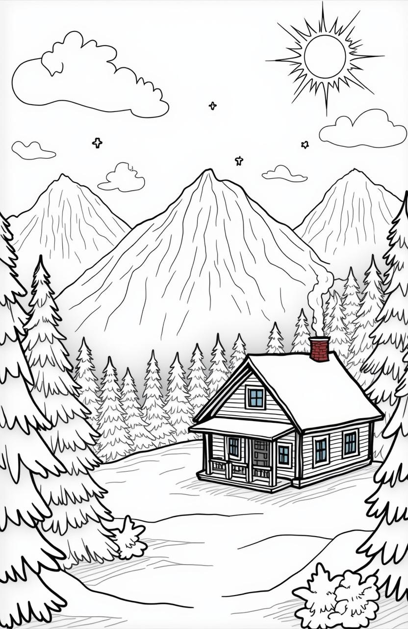 A beautiful winter scene featuring majestic snow-covered mountains in the background, a cozy cabin nestled at the base of the mountains with smoke gently rising from the chimney