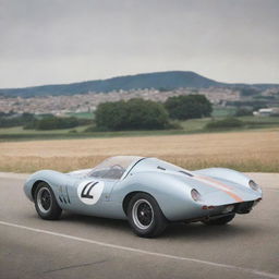 A Le Mans racing car from the 1960s, characterized by vintage elegance. The car demonstrates a cylindrical and sleek design, thin tires, distinct racing stripes over a classic shiny paint job, and the rumble of a vintage gasoline engine