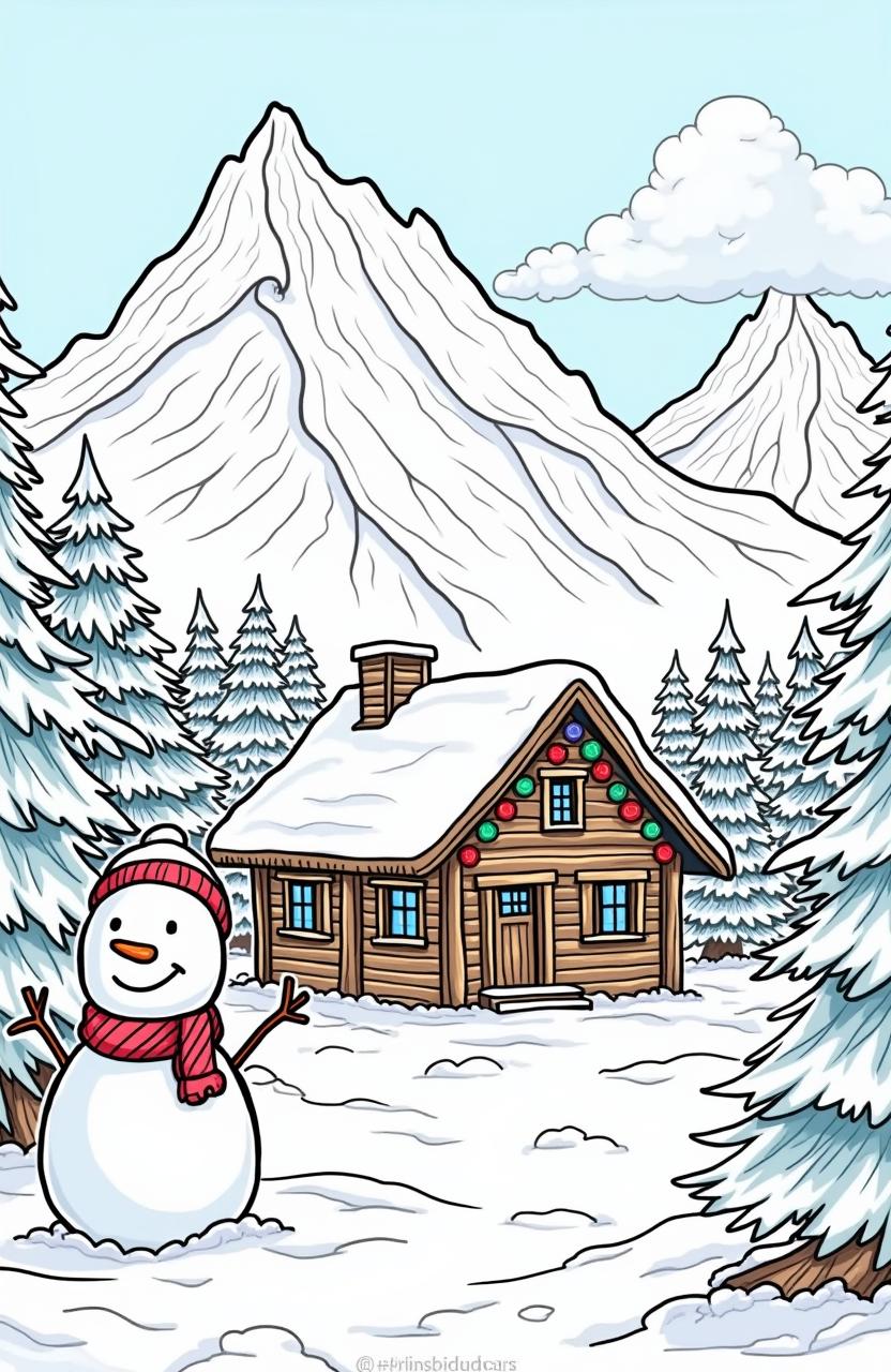 A delightful winter scene ideal for a Christmas coloring page, featuring towering, snow-capped mountains in the background under a clear blue sky