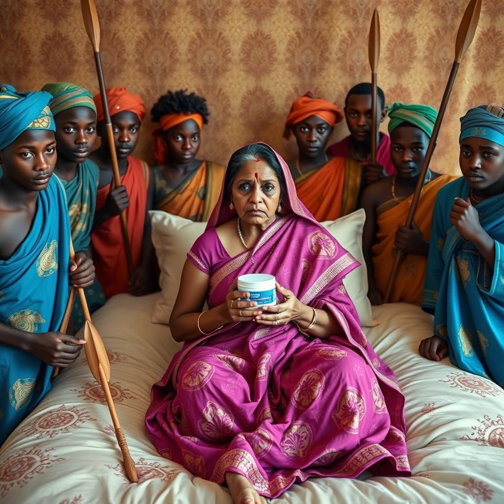 Ten young African males dressed in vibrant traditional attire surround a scared and worried older Indian female, who is seated on a large bed