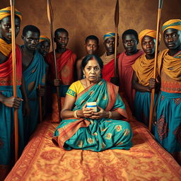 Ten young African males dressed in vibrant traditional attire surround a scared and worried older Indian female, who is seated on a large bed