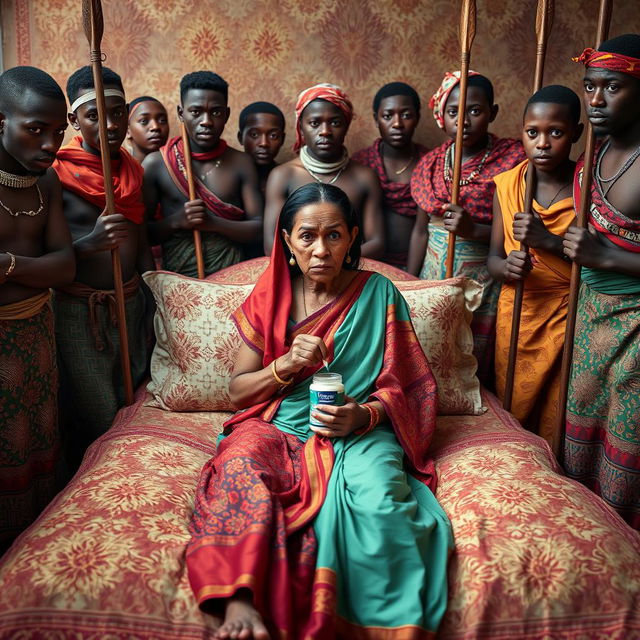 Ten young African males dressed in vibrant traditional attire surround a scared and worried older Indian female, who is seated on a large bed