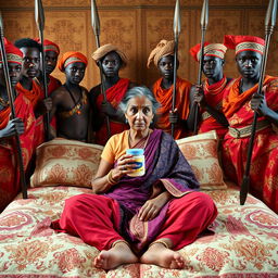 Ten young African males dressed in vibrant traditional attire surround a scared and worried older Indian female, who is seated on a large bed