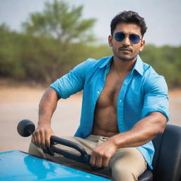 The fair-skinned, muscular Indian man with handsome features, sporting stylish hair, wearing a blue shirt and cool sunglasses, confidently sitting on the hood of a jeep.