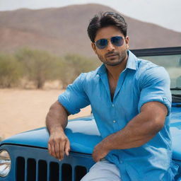 The fair-skinned, muscular Indian man with handsome features, sporting stylish hair, wearing a blue shirt and cool sunglasses, confidently sitting on the hood of a jeep.