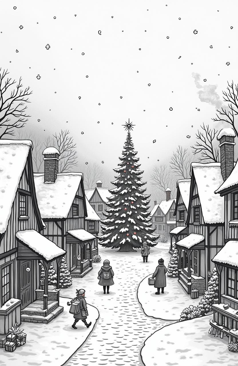 An enchanting winter scene depicting an old-time village during Christmas, with charming, snow-covered cottages featuring thatched roofs and smoke curling from their chimneys