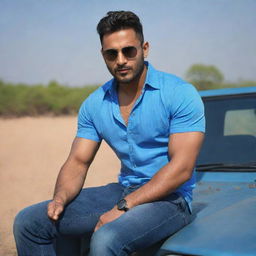 The fair-skinned, muscular Indian man with handsome features, sporting stylish hair, wearing a blue shirt and cool sunglasses, confidently sitting on the hood of a jeep.