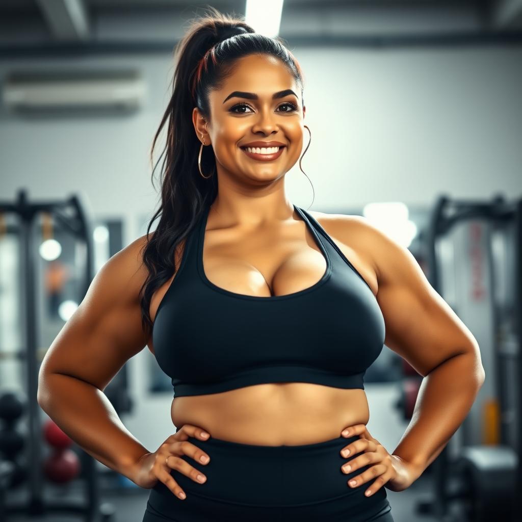 A curvy woman with an accentuated bust wearing a tight-fitting sports top, showcasing her athletic physique