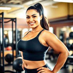 A curvy woman with an accentuated bust wearing a tight-fitting sports top, showcasing her athletic physique