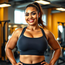 A curvy woman with an accentuated bust wearing a tight-fitting sports top, showcasing her athletic physique