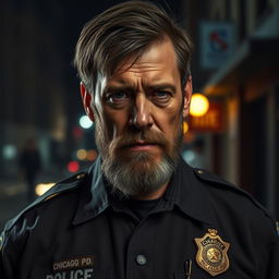 A rough-looking human police officer from the Chicago Police Department, inspired by the lore of the movie Bright
