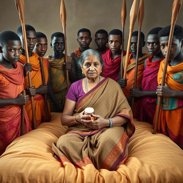 Ten young African males dressed in colorful traditional attire surround a scared and worried older Indian female, who is seated on a large bed