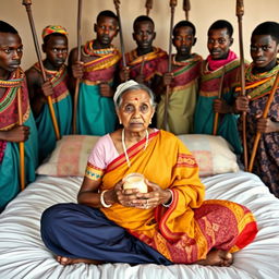 Ten young African males dressed in colorful traditional attire surround a scared and worried older Indian female, who is seated on a large bed