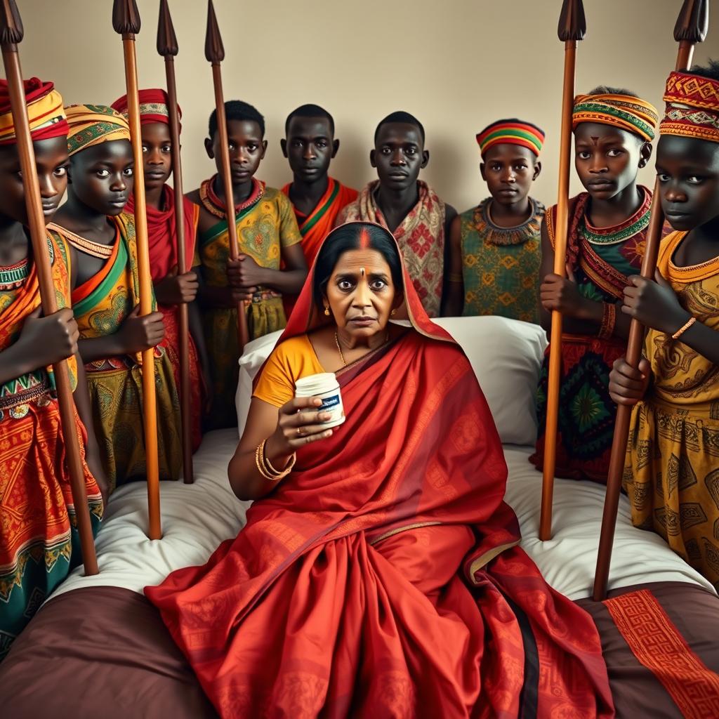 Ten young African males dressed in colorful traditional attire surround a scared and worried older Indian female, who is seated on a large bed