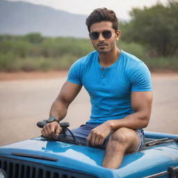 The fair-skinned, muscular Indian man with handsome features, sporting stylish hair, wearing a blue shirt and cool sunglasses, confidently sitting on the hood of a jeep.