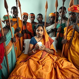 Ten young African males dressed in colorful traditional attire surround a scared and worried older Indian female, who is seated on a large bed