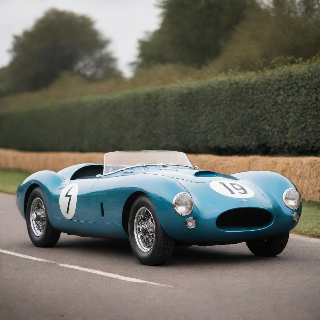 A Le Mans racing car from the 1950s, reflecting the charm of classic car racing. The car exudes an open-top design, round headlights, a streamlined metal body in vintage hues, and the characteristic hum of an old-school petrol engine