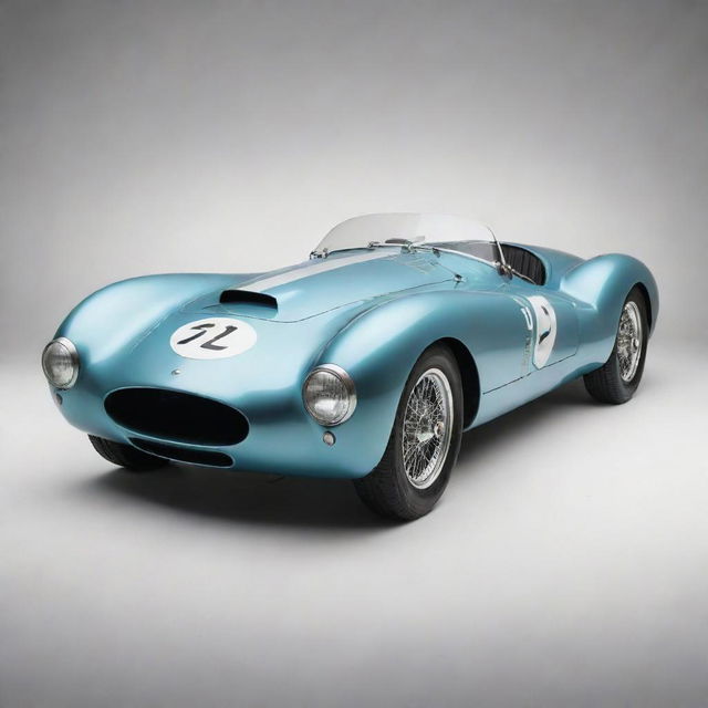 A Le Mans racing car from the 1950s, reflecting the charm of classic car racing. The car exudes an open-top design, round headlights, a streamlined metal body in vintage hues, and the characteristic hum of an old-school petrol engine