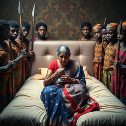 In a dramatic scene, ten young African males in colorful traditional attire surround a scared and worried older Indian female, who is sitting on a large bed