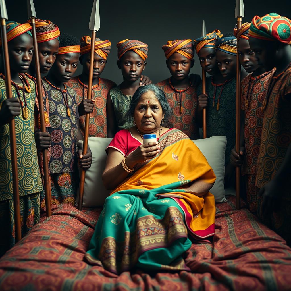 In a dramatic scene, ten young African males in colorful traditional attire surround a scared and worried older Indian female, who is sitting on a large bed