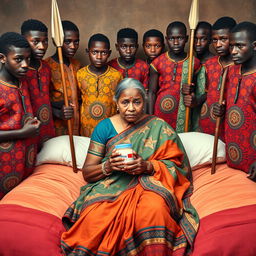 In a dramatic scene, ten young African males in colorful traditional attire surround a scared and worried older Indian female, who is sitting on a large bed
