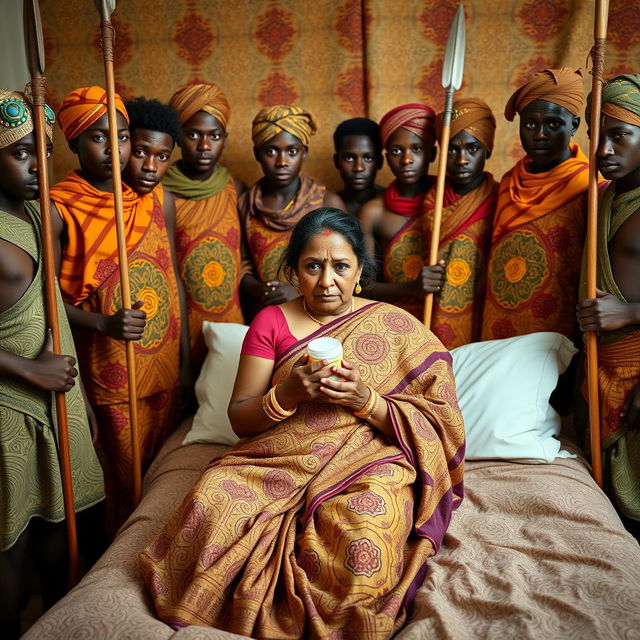 In a dramatic scene, ten young African males in colorful traditional attire surround a scared and worried older Indian female, who is sitting on a large bed