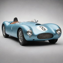 A Le Mans racing car from the 1950s, reflecting the charm of classic car racing. The car exudes an open-top design, round headlights, a streamlined metal body in vintage hues, and the characteristic hum of an old-school petrol engine