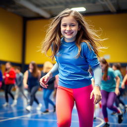 A teenage girl with brown hair wearing tight, colorful spandex leggings is playfully participating in a sports activity at school
