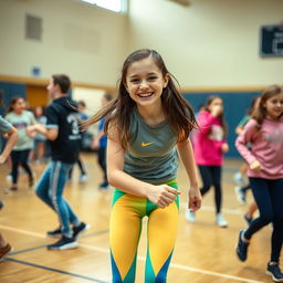 A teenage girl with brown hair wearing tight, colorful spandex leggings is playfully participating in a sports activity at school