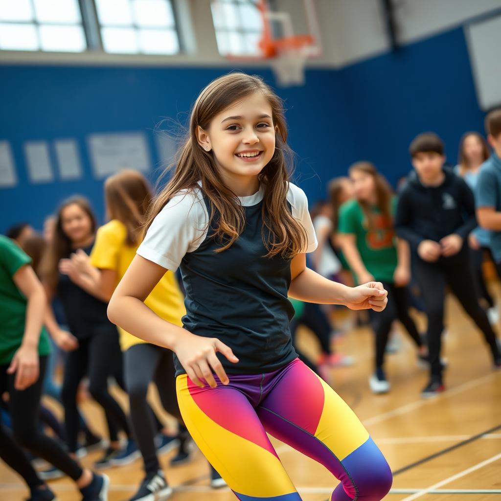 A teenage girl with brown hair wearing tight, colorful spandex leggings is playfully participating in a sports activity at school
