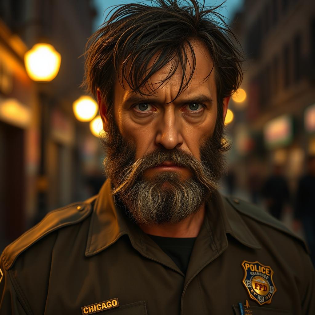 A rugged and disheveled human police officer from the Chicago Police Department, inspired by the lore of the movie Bright