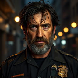 A rugged and disheveled human police officer from the Chicago Police Department, inspired by the lore of the movie Bright