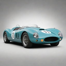 A Le Mans racing car from the 1950s, reflecting the charm of classic car racing. The car exudes an open-top design, round headlights, a streamlined metal body in vintage hues, and the characteristic hum of an old-school petrol engine