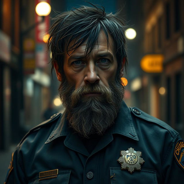 A rugged and disheveled human police officer from the Chicago Police Department, inspired by the lore of the movie Bright