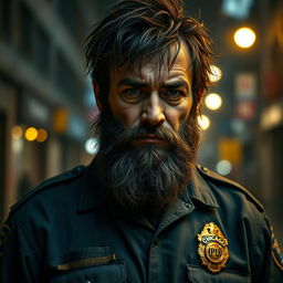 A rugged and disheveled human police officer from the Chicago Police Department, inspired by the lore of the movie Bright