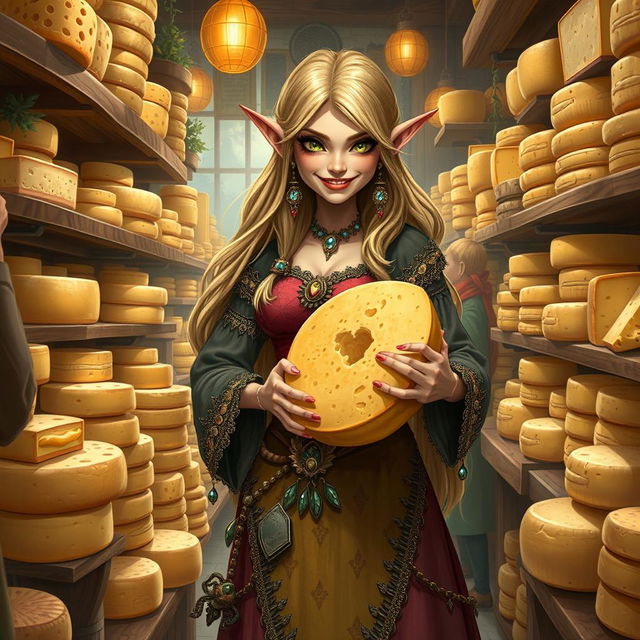 A cunning female elf cheesemonger with a sly grin, standing in a bustling cheese shop filled with an abundance of cheeses, stacked high and beautifully arranged