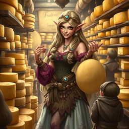 A cunning female elf cheesemonger with a sly grin, standing in a bustling cheese shop filled with an abundance of cheeses, stacked high and beautifully arranged