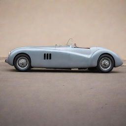 A 1940s Le Mans racing car, exuding a vintage charm. The car reflects wartime austerity with its basic, functional design. It features an elongated, bare metal body, large rounded wheel arches, modestly sized tires, and a roaring gasoline engine under the hood