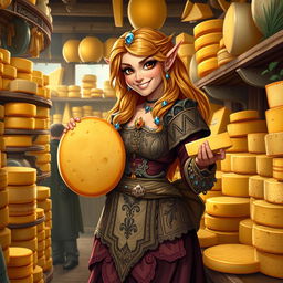 A cunning female elf cheesemonger with a sly grin, standing in a bustling cheese shop filled with an abundance of cheeses, stacked high and beautifully arranged