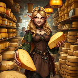 A cunning female elf cheesemonger with a sly grin, standing in a bustling cheese shop filled with an abundance of cheeses, stacked high and beautifully arranged