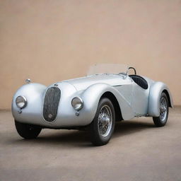 A 1940s Le Mans racing car, exuding a vintage charm. The car reflects wartime austerity with its basic, functional design. It features an elongated, bare metal body, large rounded wheel arches, modestly sized tires, and a roaring gasoline engine under the hood