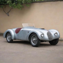 A 1940s Le Mans racing car, exuding a vintage charm. The car reflects wartime austerity with its basic, functional design. It features an elongated, bare metal body, large rounded wheel arches, modestly sized tires, and a roaring gasoline engine under the hood