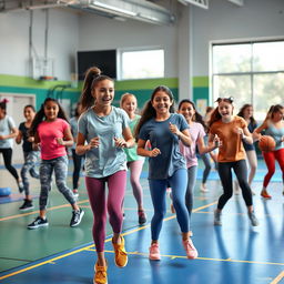 A gym class in a modern middle school setting, featuring a diverse group of 8th-grade girls engaging in physical activities